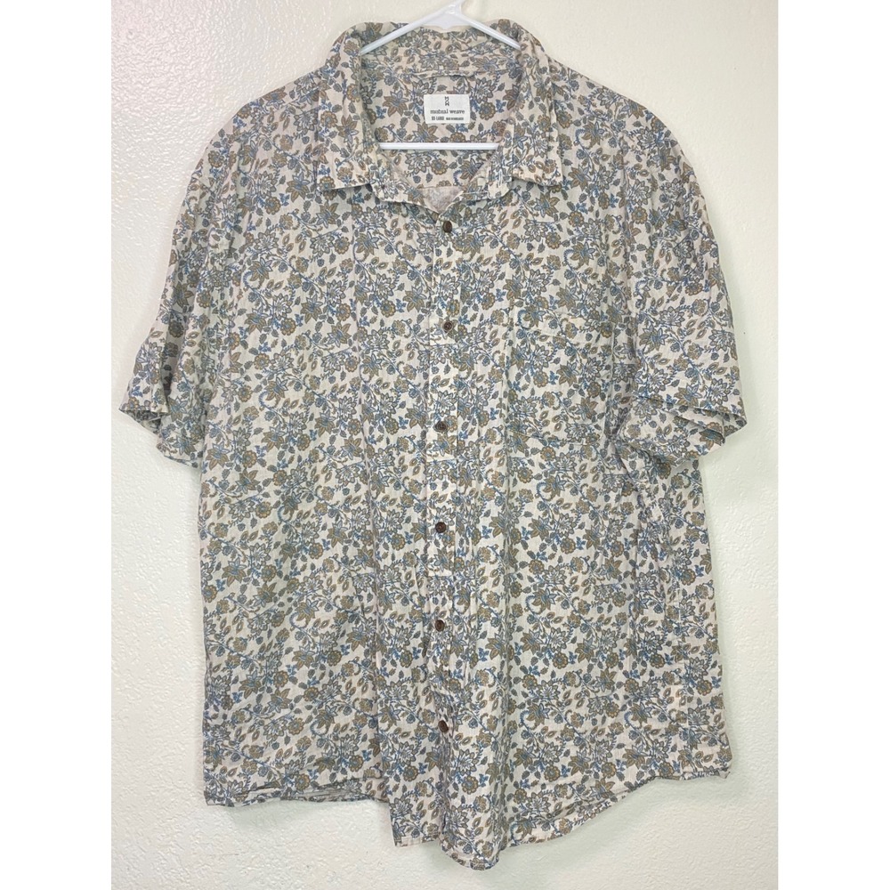 Mutual Weave Mens XXL Linen Cotton Floral Paisley Short Sleeve Button Down Shirt